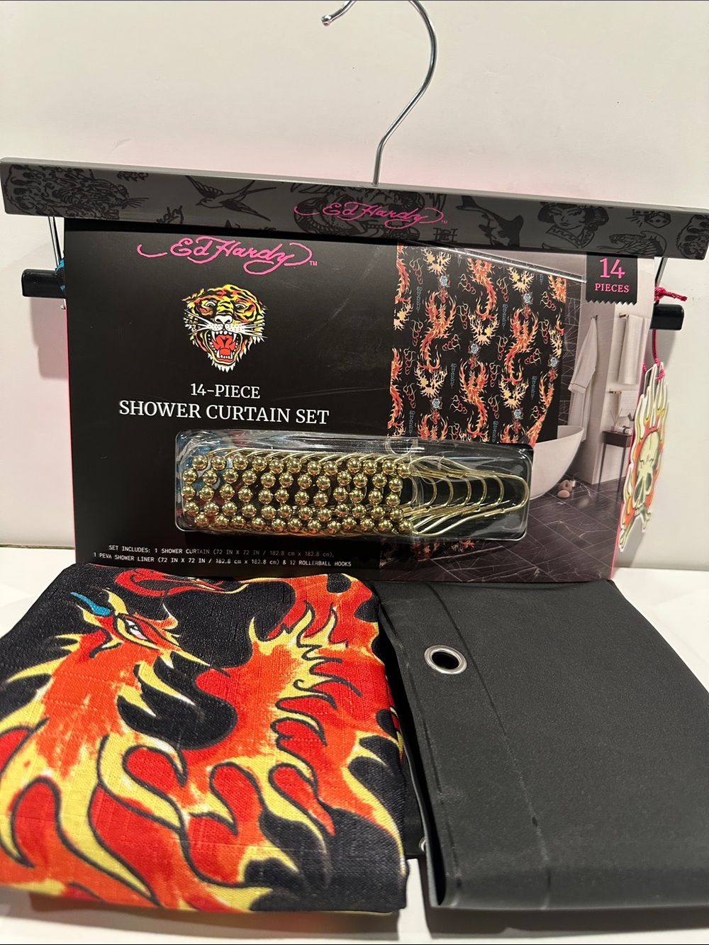 NWT Ed Hardy Blazing Flames (14) Piece Shower Curtain Set with Fabric/Plastic.
